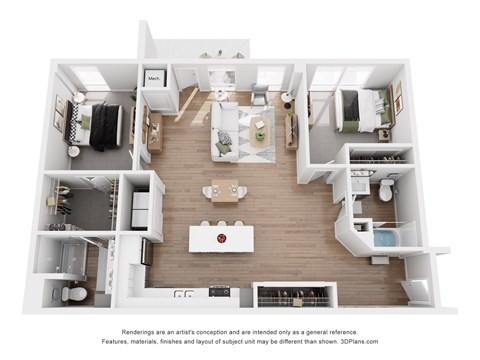 A 3D floor plan of a house with a kitchen, living room, and bathrooms.